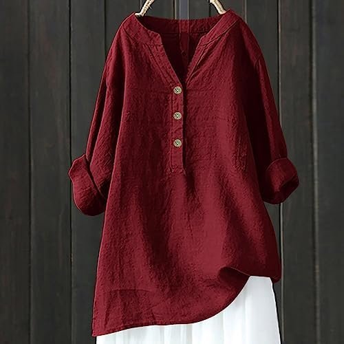 Women Shirts Summer Tunics V Neck Shirts Solid Color Casual Long Sleeve Shirts Womens Shirt Tunic