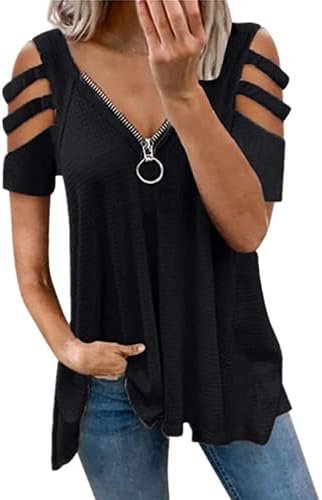 Womens Summer Tops Short Sleeve Cold Shoulder Zip Plus Size Loose V-Neck Cool Tee T-Shirt Blouse