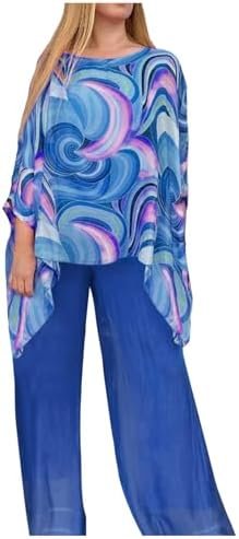 Women's Colorful Chiffon Suit Casual Round Neck Printed Top + Trousers Two Piece Set (with) Plus Size Evening