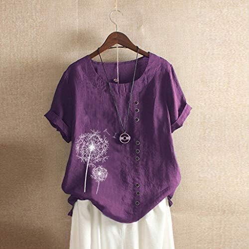 Women Linen Casual Button Floral Print O Neck Short Sleeve T Short Blouse Tops Oversize Corduroy Loose Button Shirt