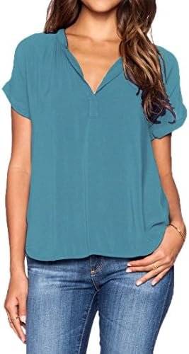 Women Chiffon Blouse V Neck Short Sleeve Top Shirts