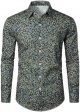 Mens Long Sleeve Floral Business Hem Button Print Leisure Floral Shirt Mens Tee Shirts