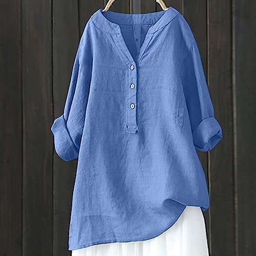 Womens Solid Button Down Blouses V Neck 3/4 Sleeve Shirts Polyester Breathable Tops Fashion T-Shirt Fall Clothes