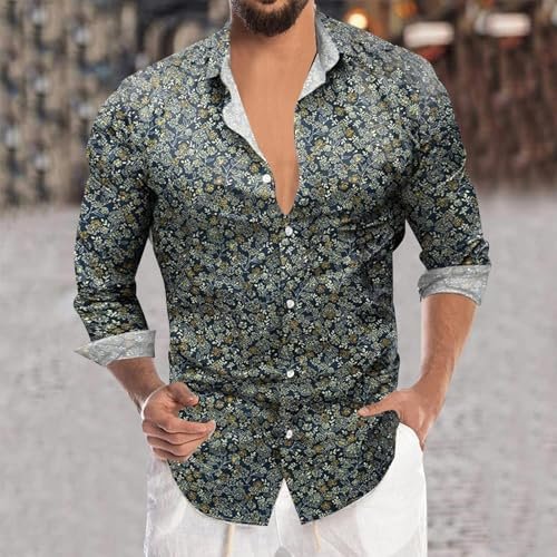 Mens Long Sleeve Floral Business Hem Button Print Leisure Floral Shirt Mens Tee Shirts