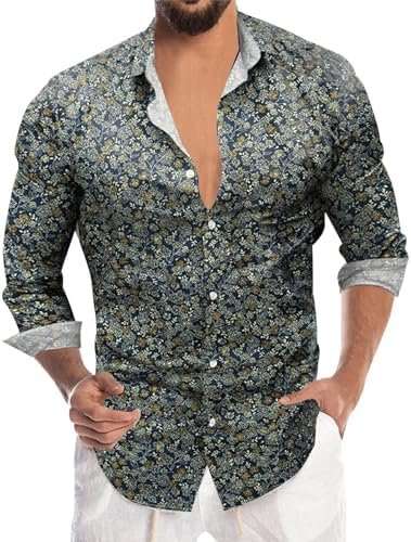 Mens Long Sleeve Floral Business Hem Button Print Leisure Floral Shirt Mens Tee Shirts