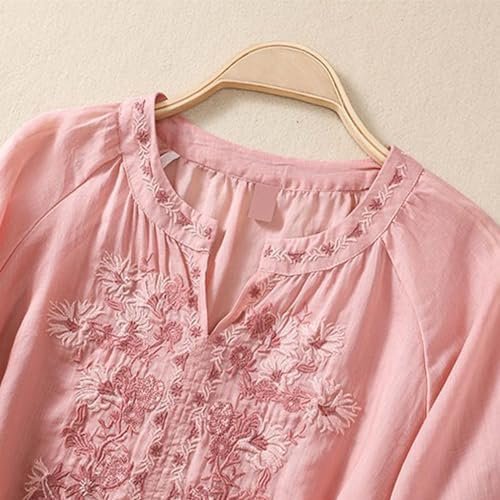 Ladies Fashion Leisure Spring Summer Literary Retro Loose Design Sense Embroidery Round Neck Thin Mesh Shirt Long