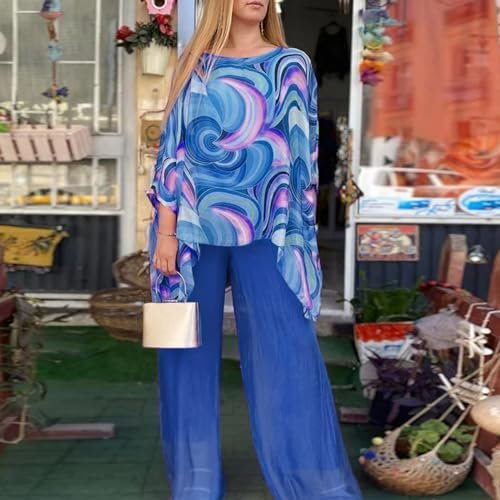 Women's Colorful Chiffon Suit Casual Round Neck Printed Top + Trousers Two Piece Set (with) Plus Size Evening