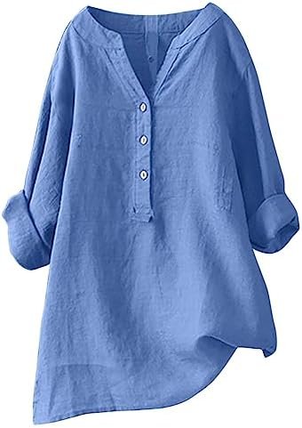 Womens Solid Button Down Blouses V Neck 3/4 Sleeve Shirts Polyester Breathable Tops Fashion T-Shirt Fall Clothes